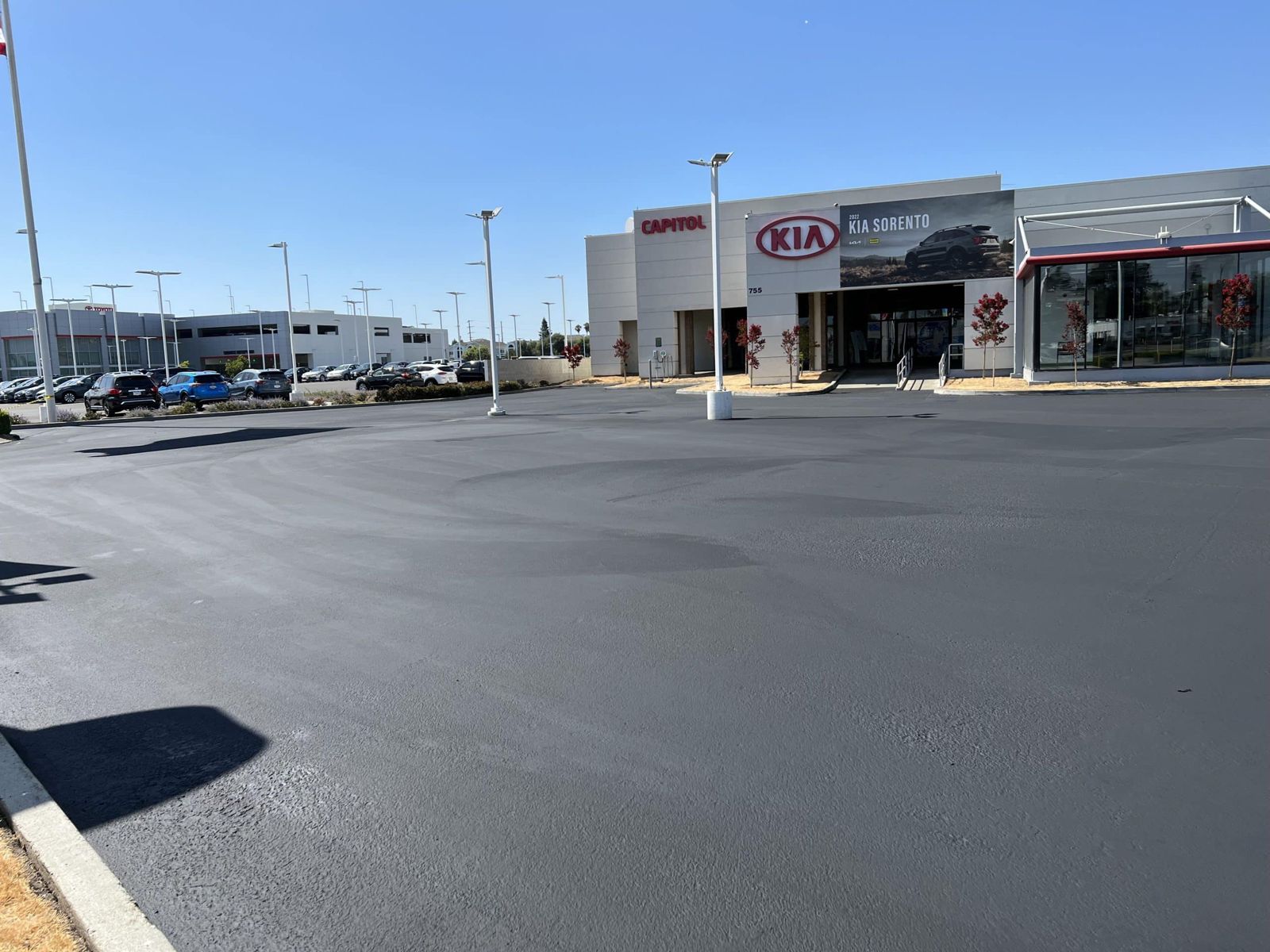 Newly paved and striped commercial parking lot